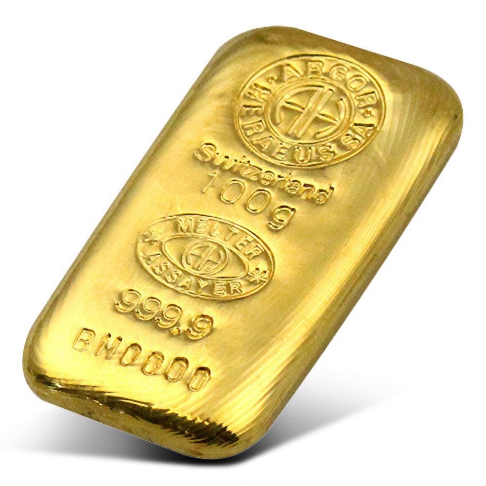 100 Gram Argor Heraeus Cast Gold Bar (New w/ Assay) Slide 1